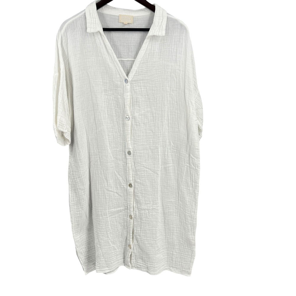 Honest Cotton White Button Front Tunic Shirt Dress 100% Cotton Handmade L/XL‎